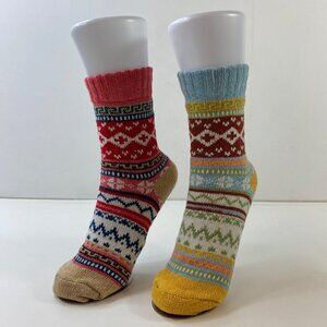 Womens Colorful Knit Nordic Crew Socks Set 2 Striped Yellow Beige Pink Blue
